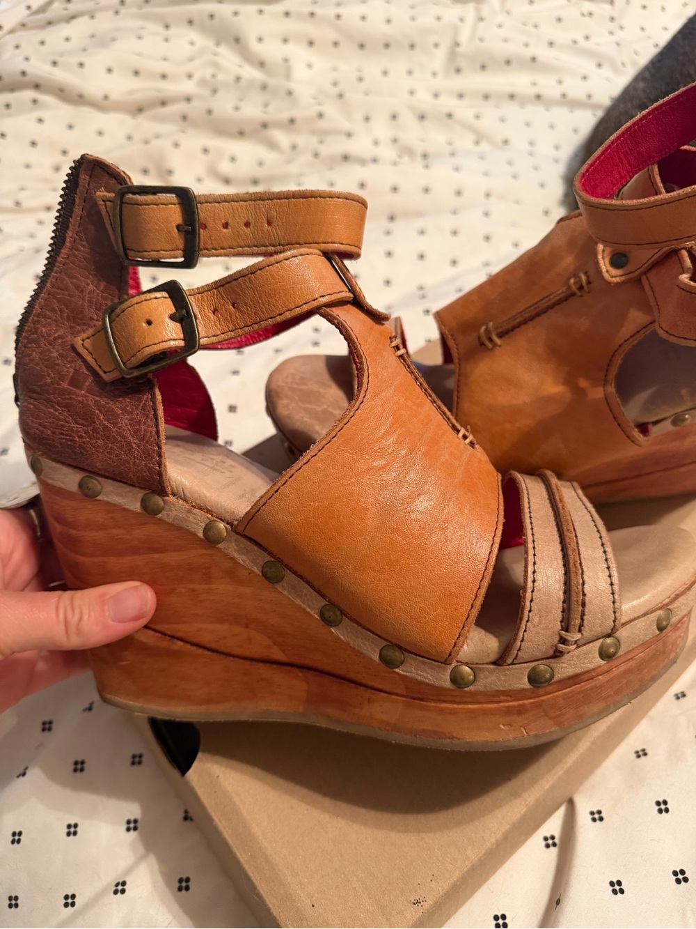 Bed Stu Tan Leather Studded Wedge Sandals - Picture 2 of 6